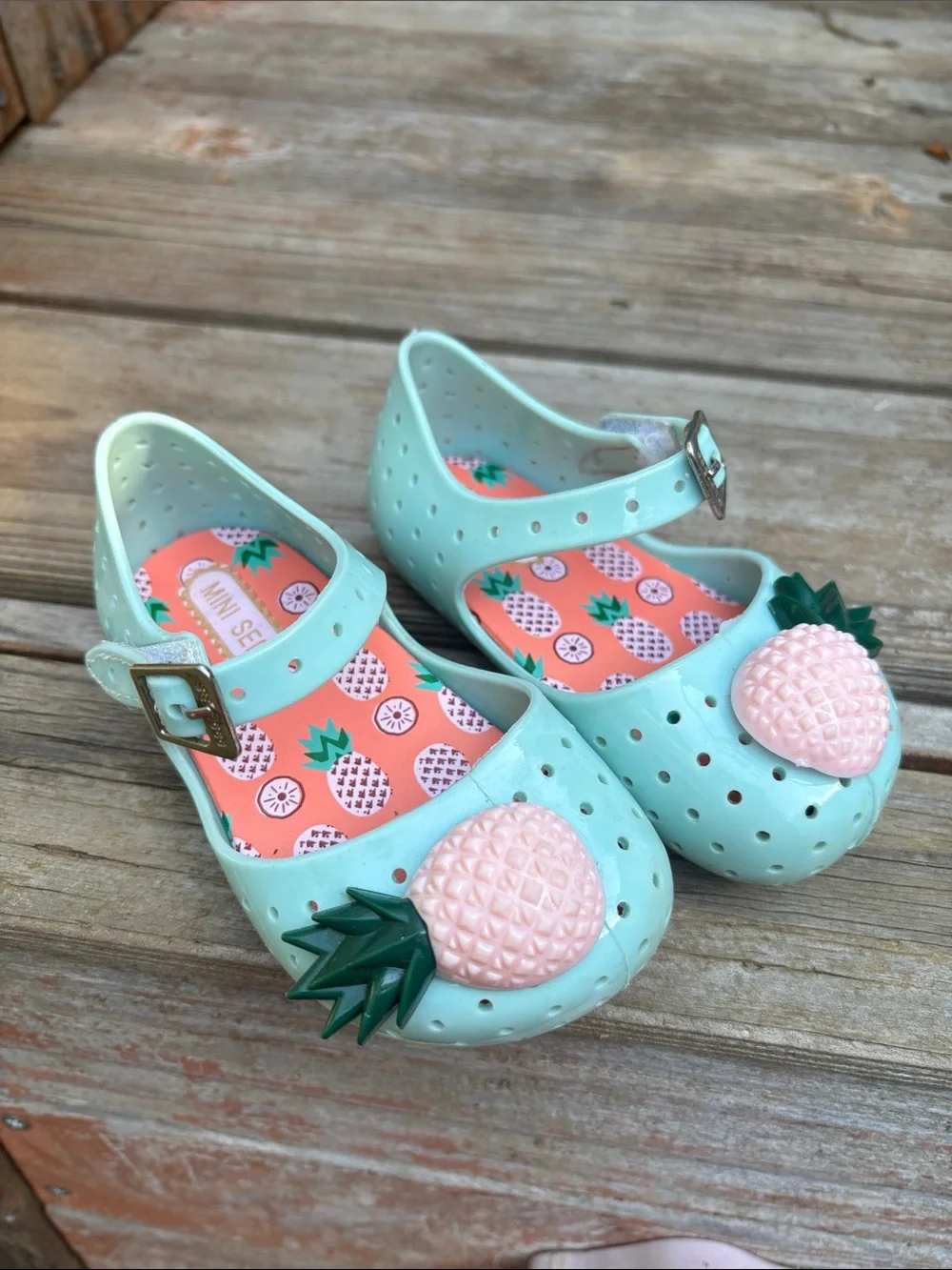 Mini Seed Mint Jelly Mary Janes with Pink Pineapple Appliqués